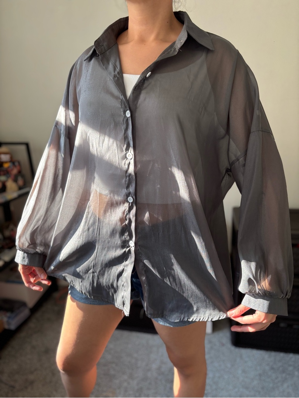 Grunge Grey Asymmetrical Button Up Whimsygoth Rave Sheer Shirt - Size 2X
